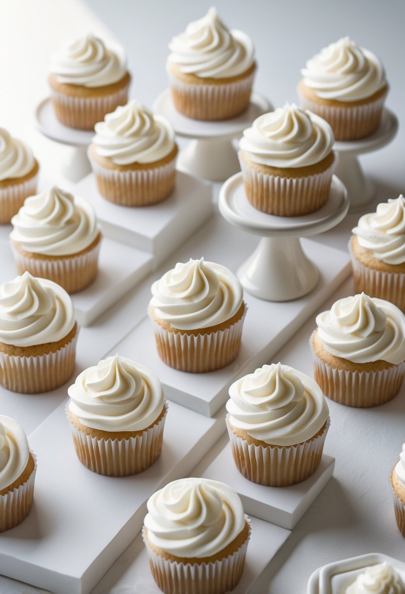 A collection of 15 white buttercream cupcakes arranged neatly on white stands and trays against a plain background.