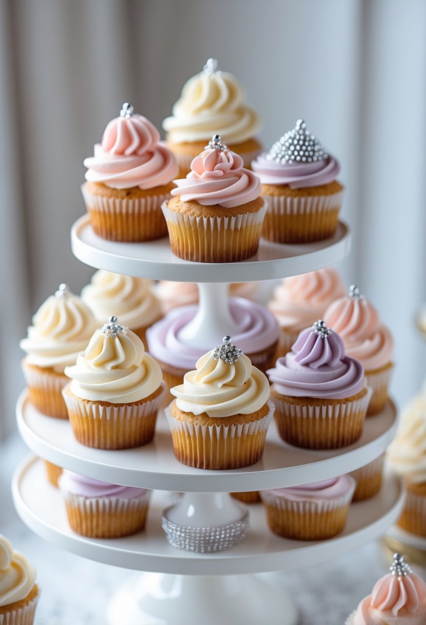 Fifteen wedding cupcakes with pastel frosting and silver dragee decorations arranged on a white tiered stand.