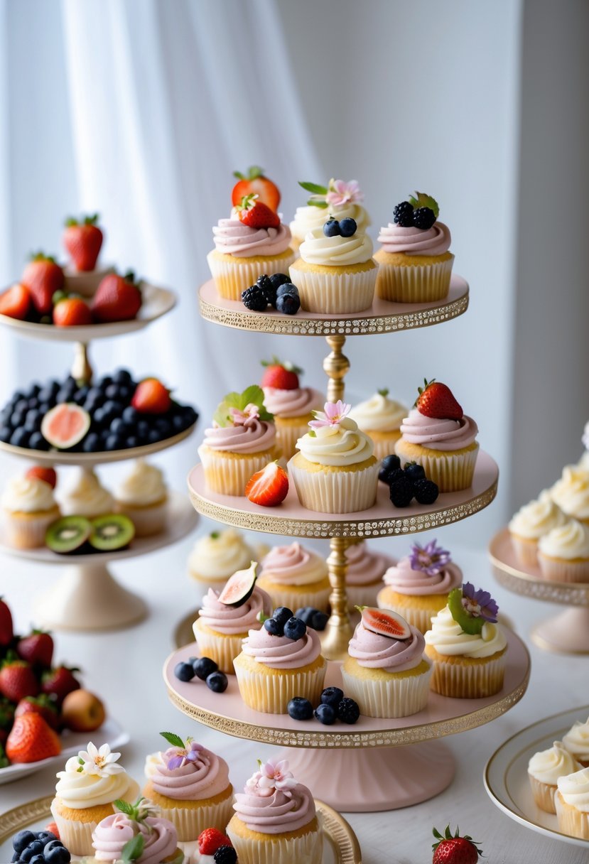 A display of 15 wedding cupcakes topped with various fresh seasonal fruits arranged on tiered stands and platters.