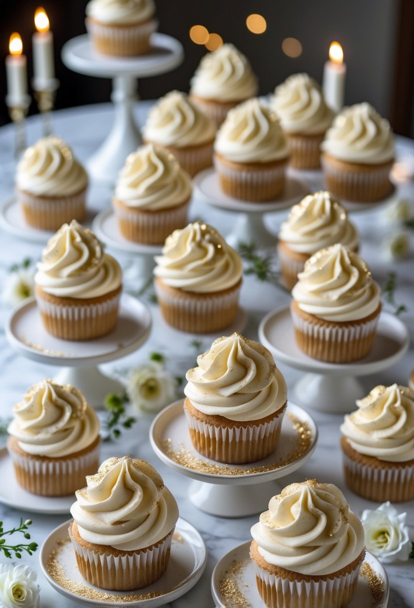 Fifteen champagne-flavored cupcakes with gold dust arranged on stands and plates, surrounded by wedding decorations.