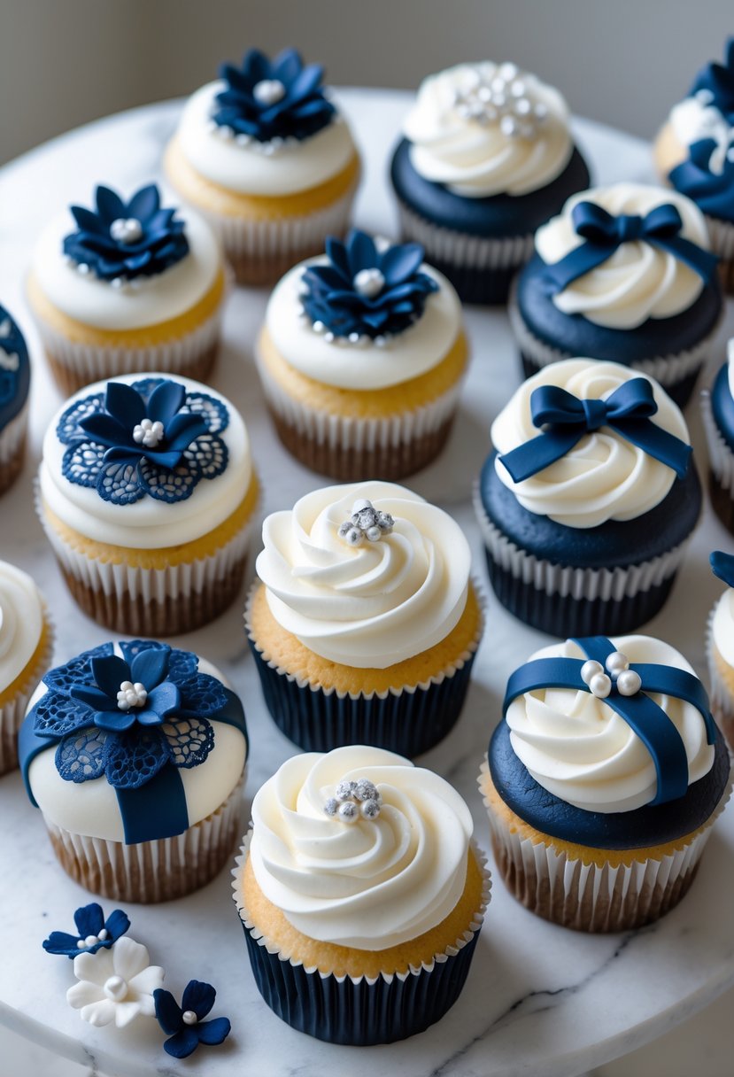 A display of 15 wedding cupcakes decorated in navy blue and white, arranged neatly on a white surface.