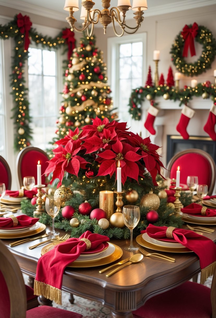 A dining room decorated for Christmas with a table set with red and gold decorations, a decorated Christmas tree, and a fireplace with stockings.