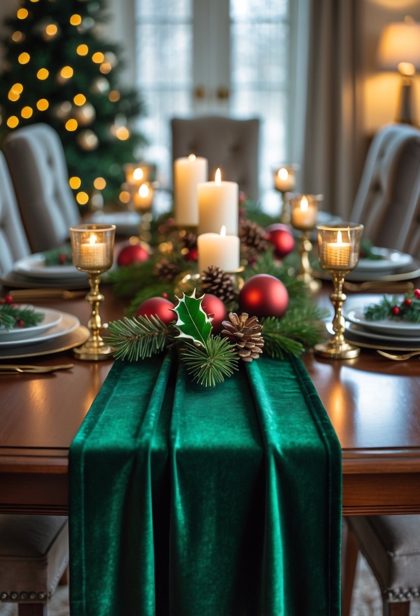 Dining table with a green velvet runner and Christmas decorations including candles, ornaments, and pine branches in a warmly lit room.
