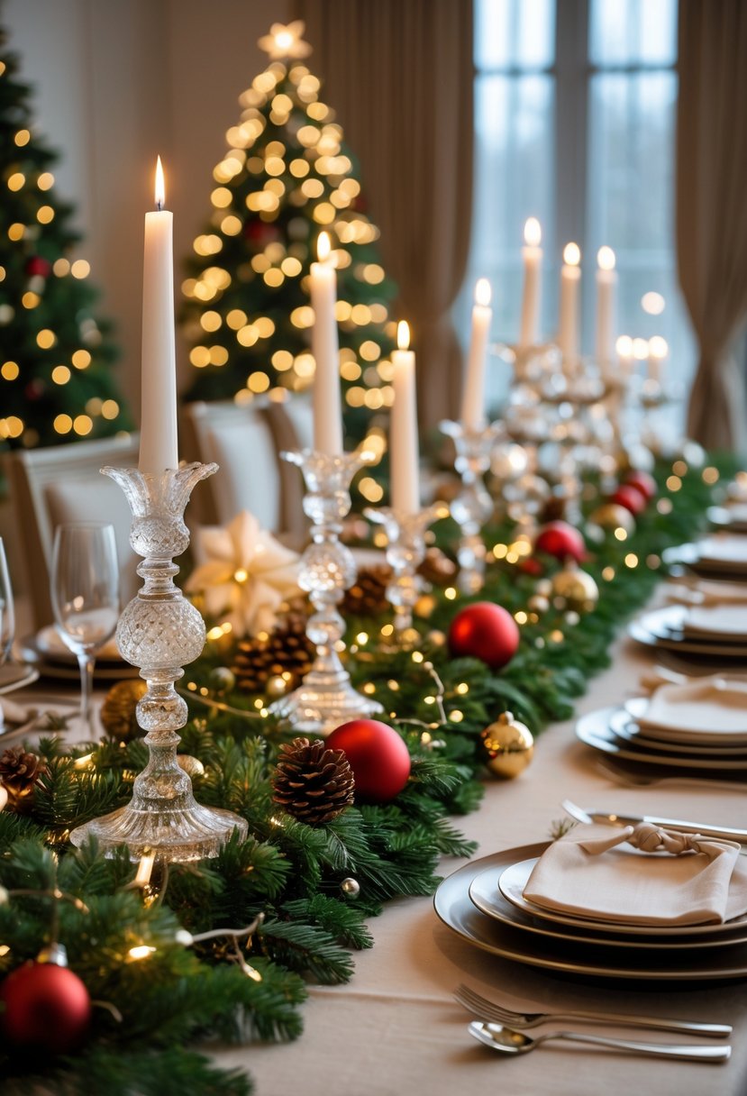 A dining table decorated for Christmas with crystal candle holders, festive garlands, ornaments, and warm lighting.