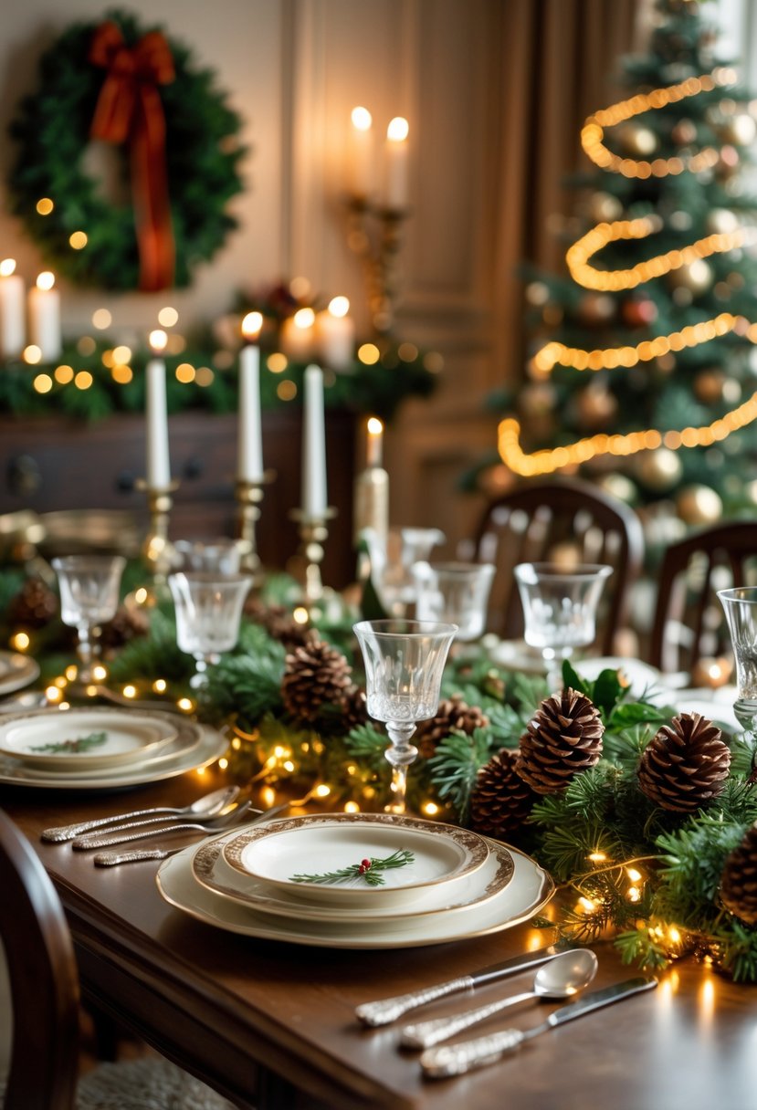 A dining room decorated for Christmas with miniature pine cone garlands on the table and holiday decorations in the background.