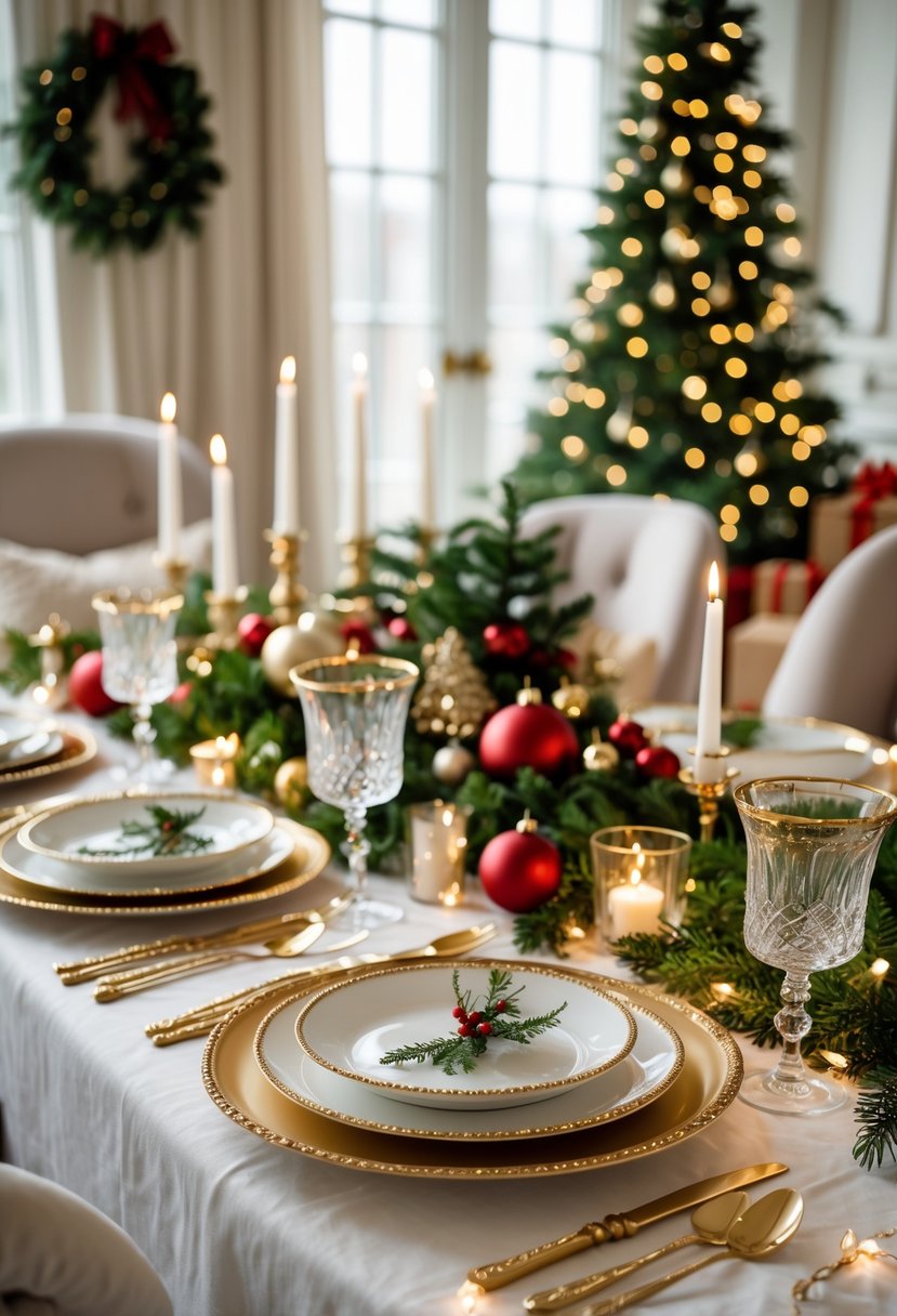 Dining table set with gold-rimmed dinnerware and Christmas decorations including candles, greenery, and ornaments in a festive dining room.