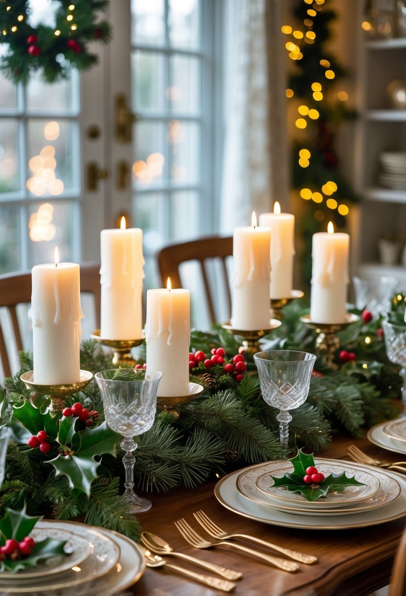 A dining table decorated with white pillar candles and green foliage, set for a Christmas meal.