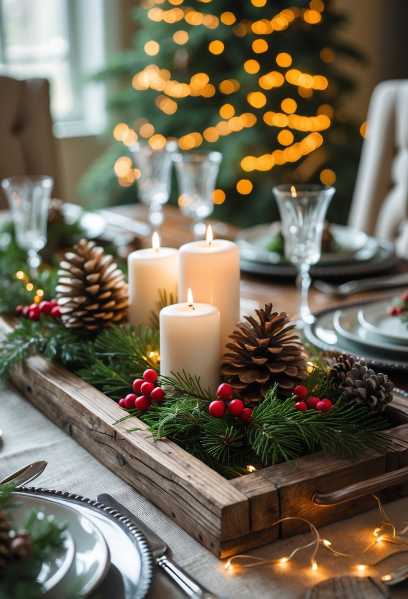 A rustic wooden tray with pinecones, evergreen sprigs, red berries, and candles on a decorated dining table set for Christmas.