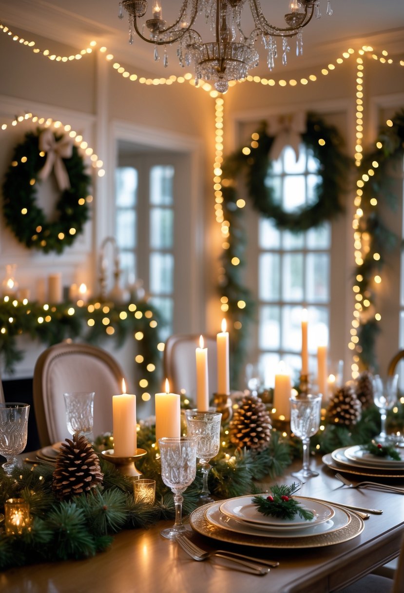 An elegant dining room decorated for Christmas with twinkling fairy lights, a set dining table, and festive greenery.