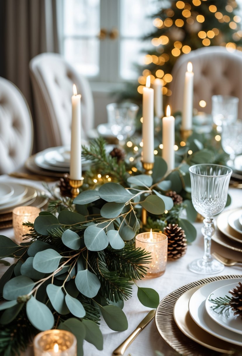 A dining table decorated with fresh eucalyptus sprigs and Christmas accents in an elegant dining room.