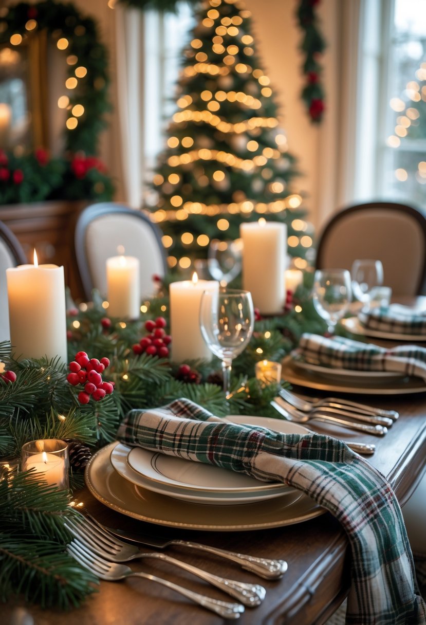 A dining table set for Christmas with plaid linen napkins, plates, silverware, candles, pine branches, and festive decorations in a warmly lit room.