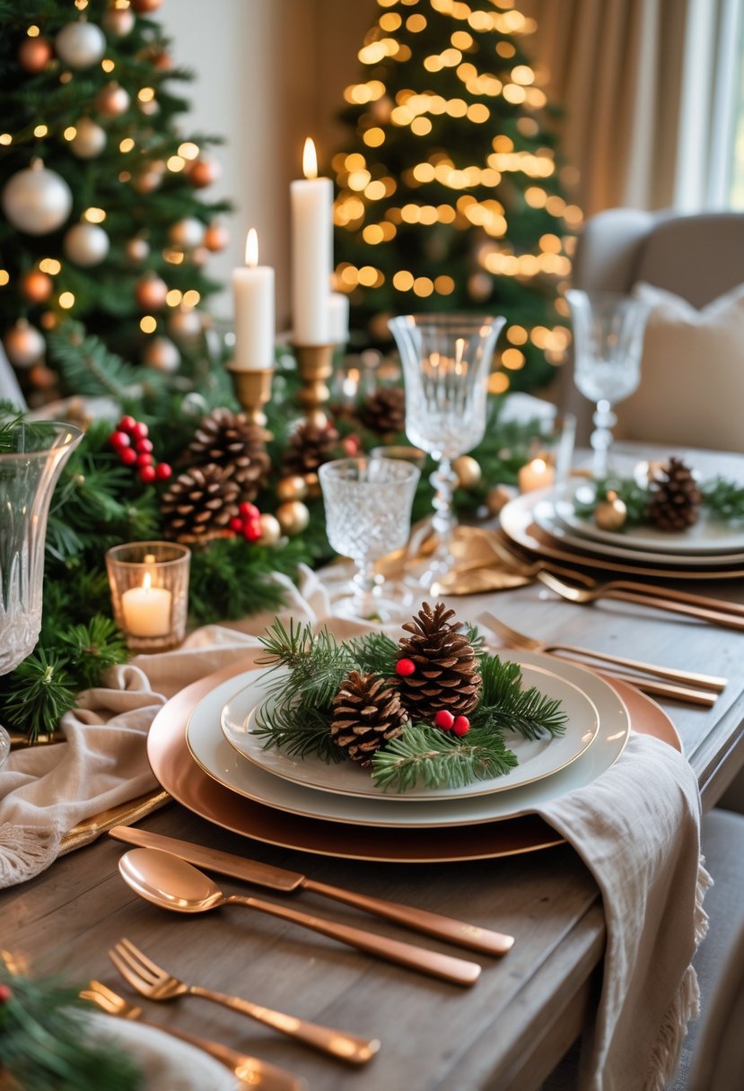 A dining table set with copper and brass flatware, surrounded by Christmas decorations including a decorated tree, candles, and festive greenery.