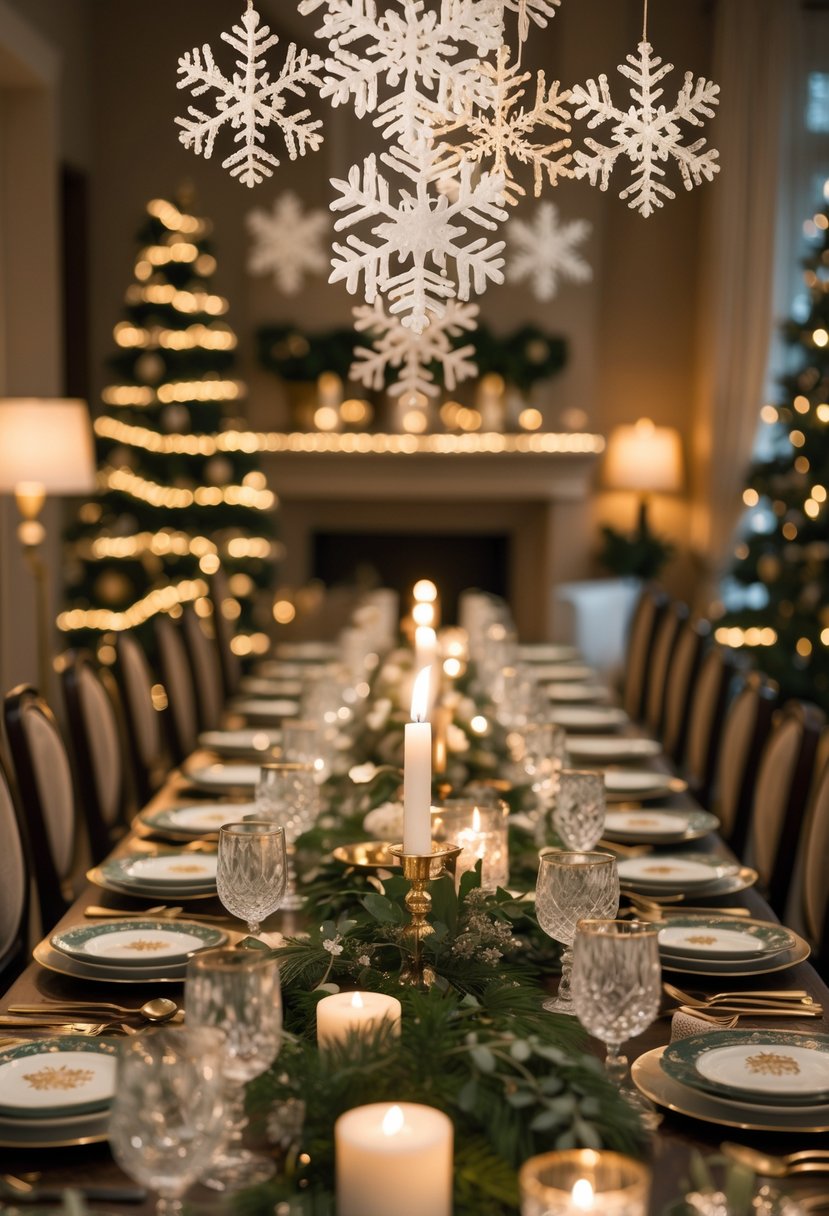 An elegant dining room decorated for Christmas with snowflake-shaped ornaments hanging above a set dining table.