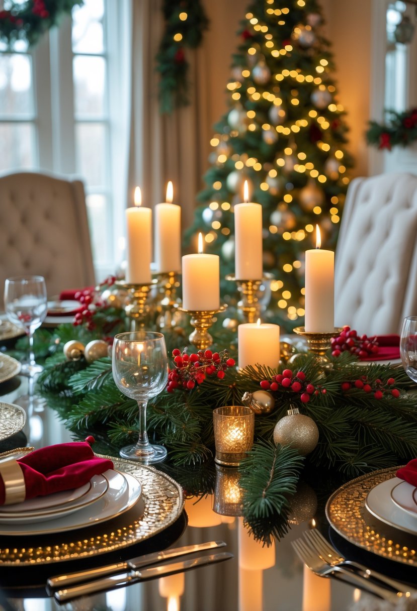 A dining table set for Christmas with mirrored placemats, candles, pine branches, and festive decorations in an elegant dining room.