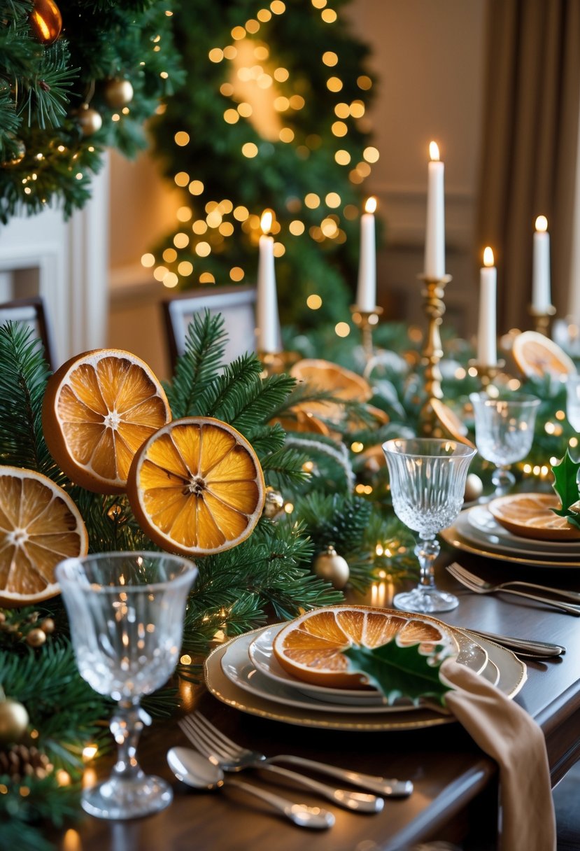 A dining room decorated for Christmas with dried orange slices, greenery, candles, and a set dining table.
