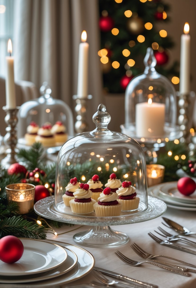 Glass cloches covering dessert plates on a decorated dining table with Christmas ornaments and candles.