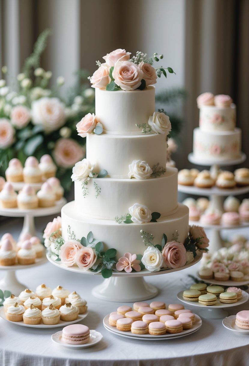 A tiered wedding cake with floral decorations on a table surrounded by various wedding desserts.