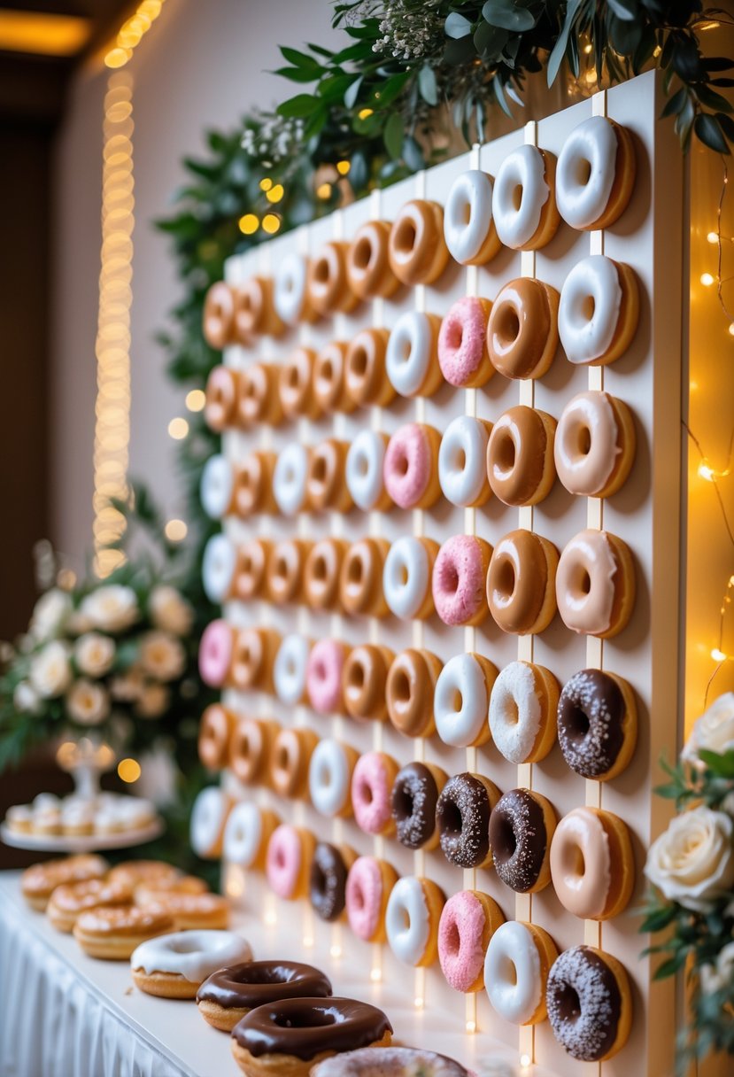 A donut wall displaying assorted glazed and filled donuts arranged on pegs at a wedding dessert table with floral decorations.