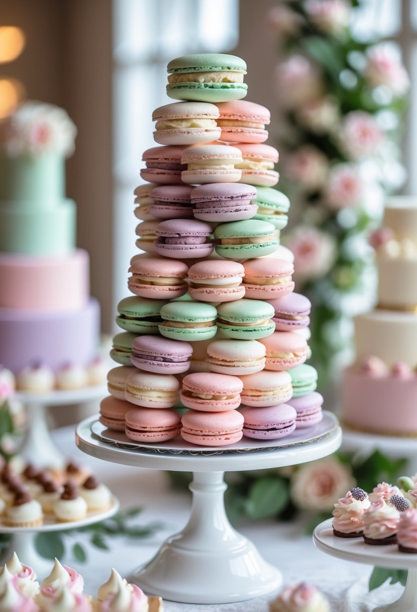 A pastel-colored macaron tower on a dessert table with various wedding desserts and floral decorations.