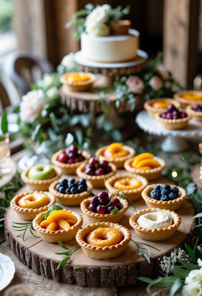 A wooden table displaying an assortment of miniature fruit pies with fresh flowers and greenery.