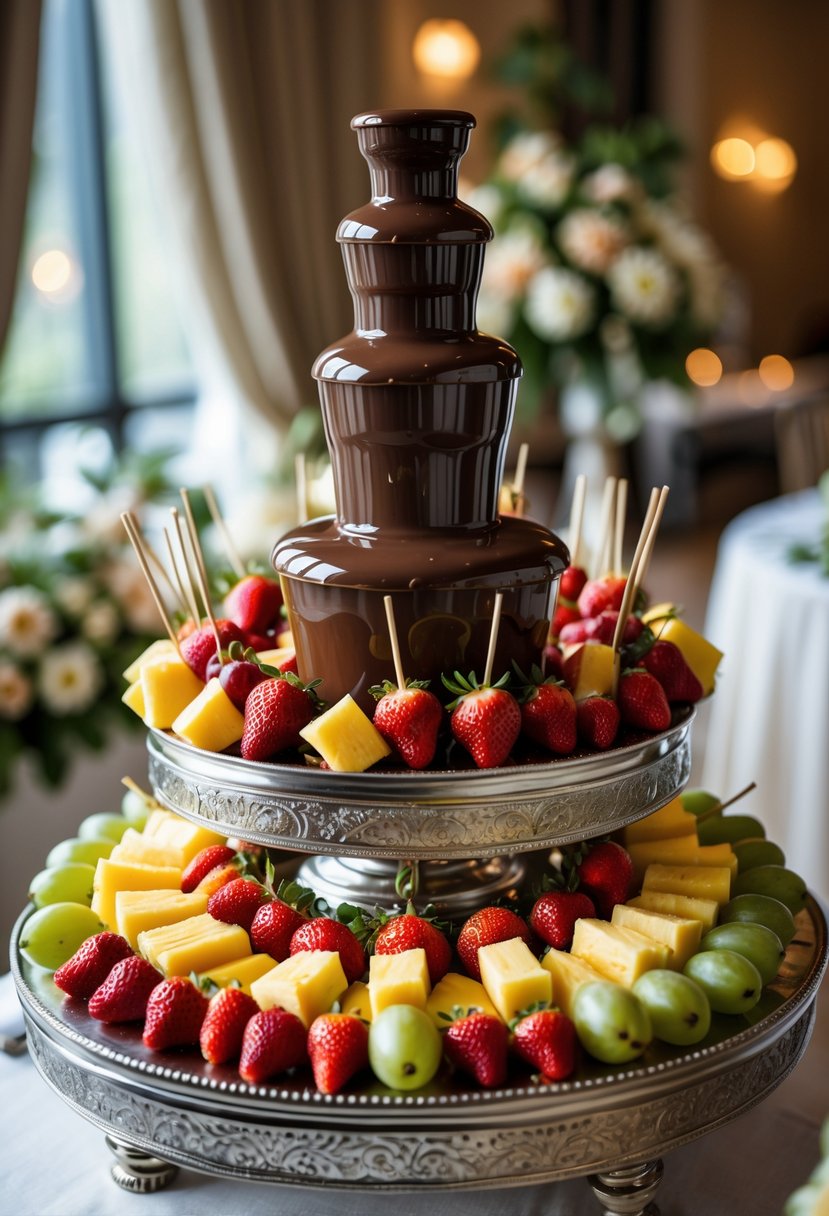 A chocolate fountain surrounded by fresh fruit skewers on a decorated dessert table.