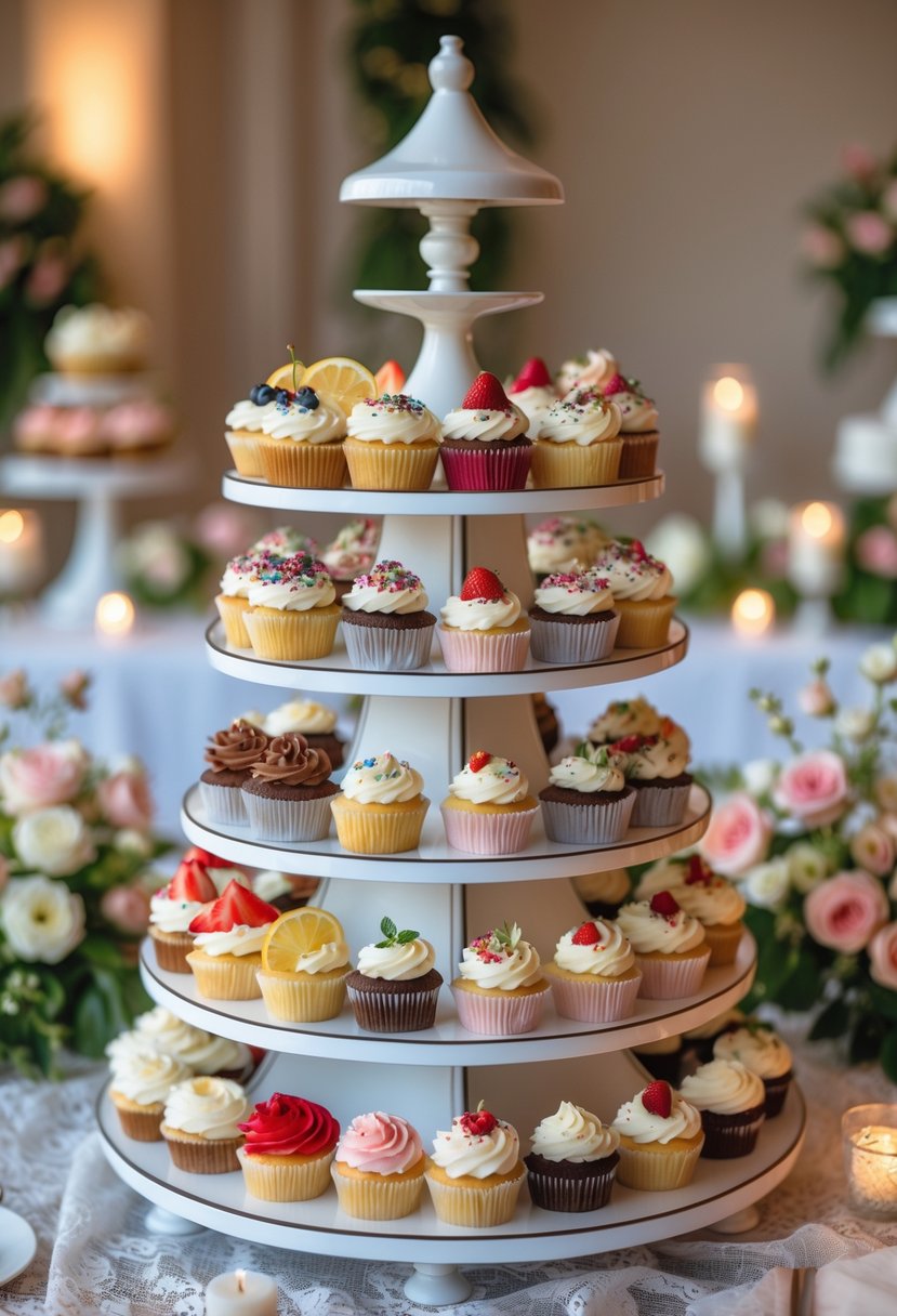 A multi-tiered cupcake carousel with assorted colorful cupcakes on a decorated wedding dessert table.
