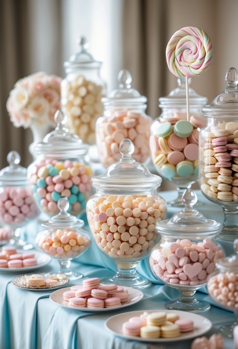 A wedding dessert table with glass jars filled with assorted colorful sweets arranged neatly.