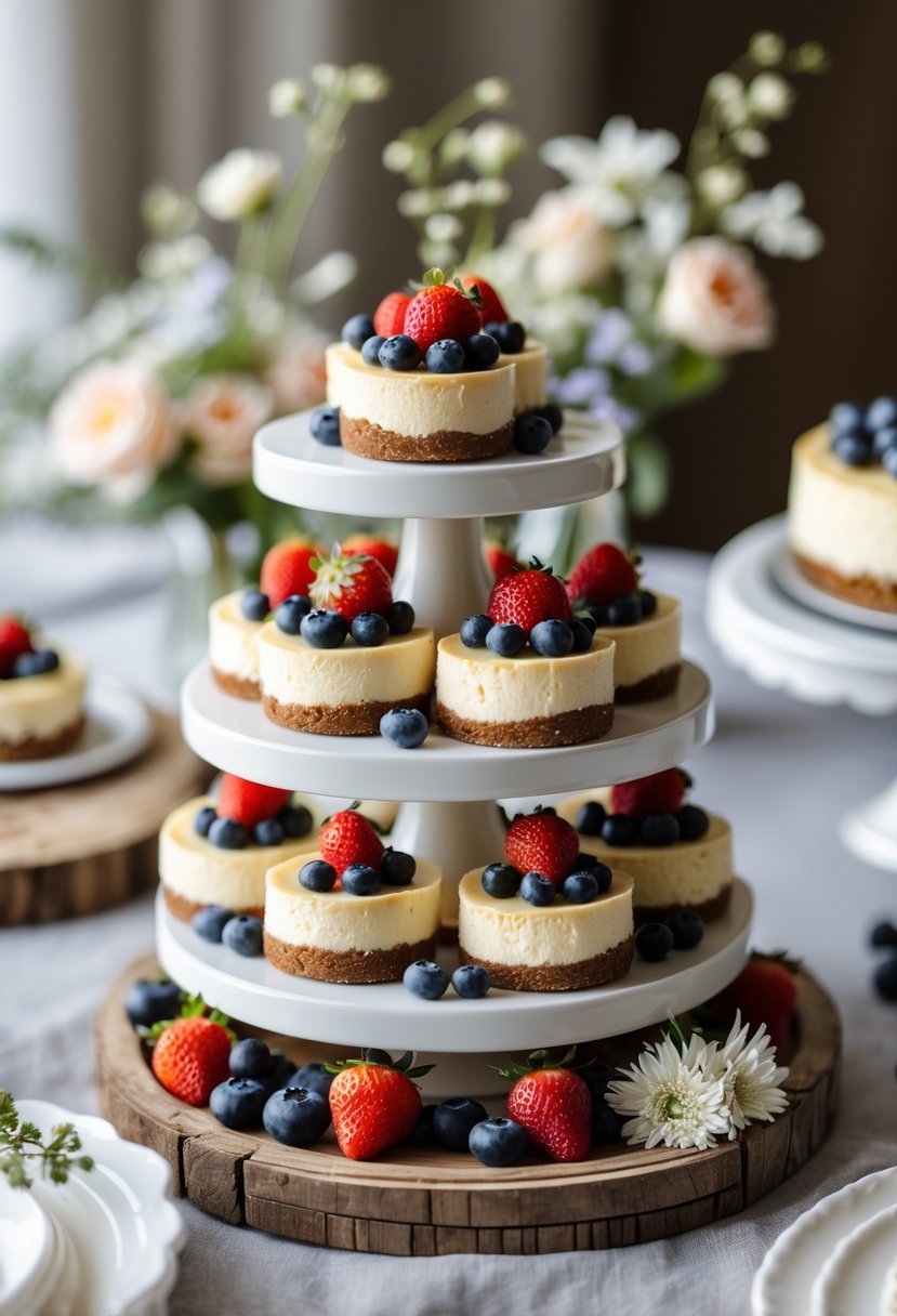 Mini cheesecakes topped with fresh berries arranged on a wedding dessert table.