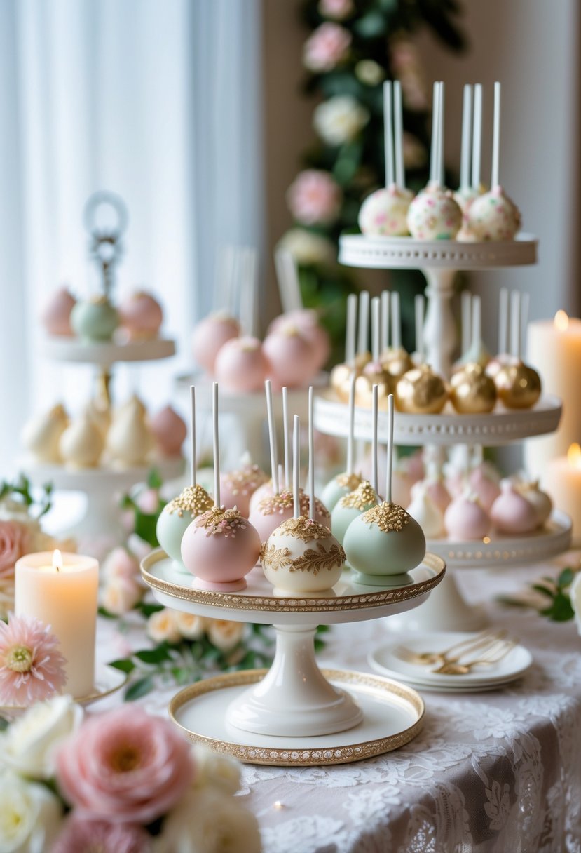 Assorted decorated cake pops arranged on a wedding dessert table with flowers and candles.
