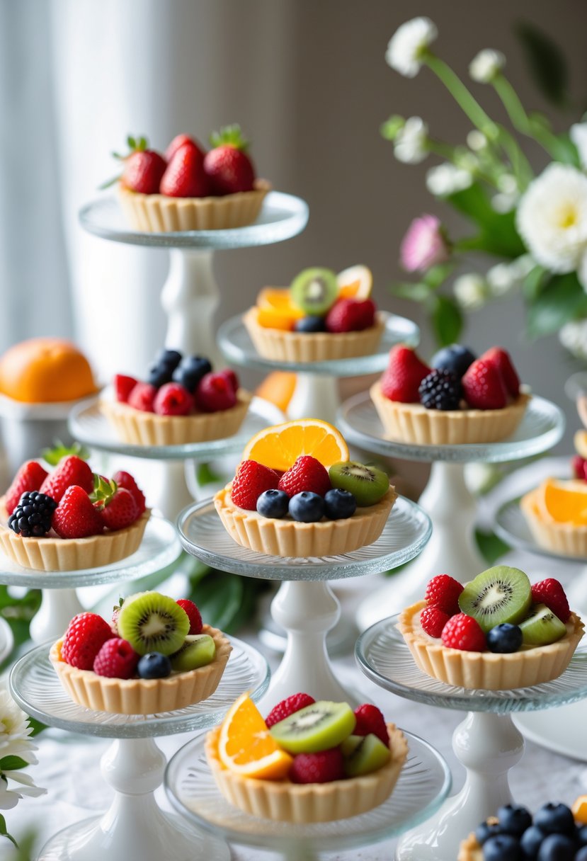 A wedding dessert table displaying 15 elegant tartlets topped with assorted fresh seasonal fruits arranged on tiered stands.