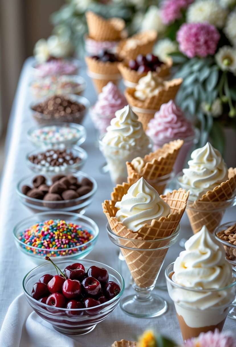 An ice cream sundae station with various toppings and ice cream flavors arranged on a decorated wedding dessert table.