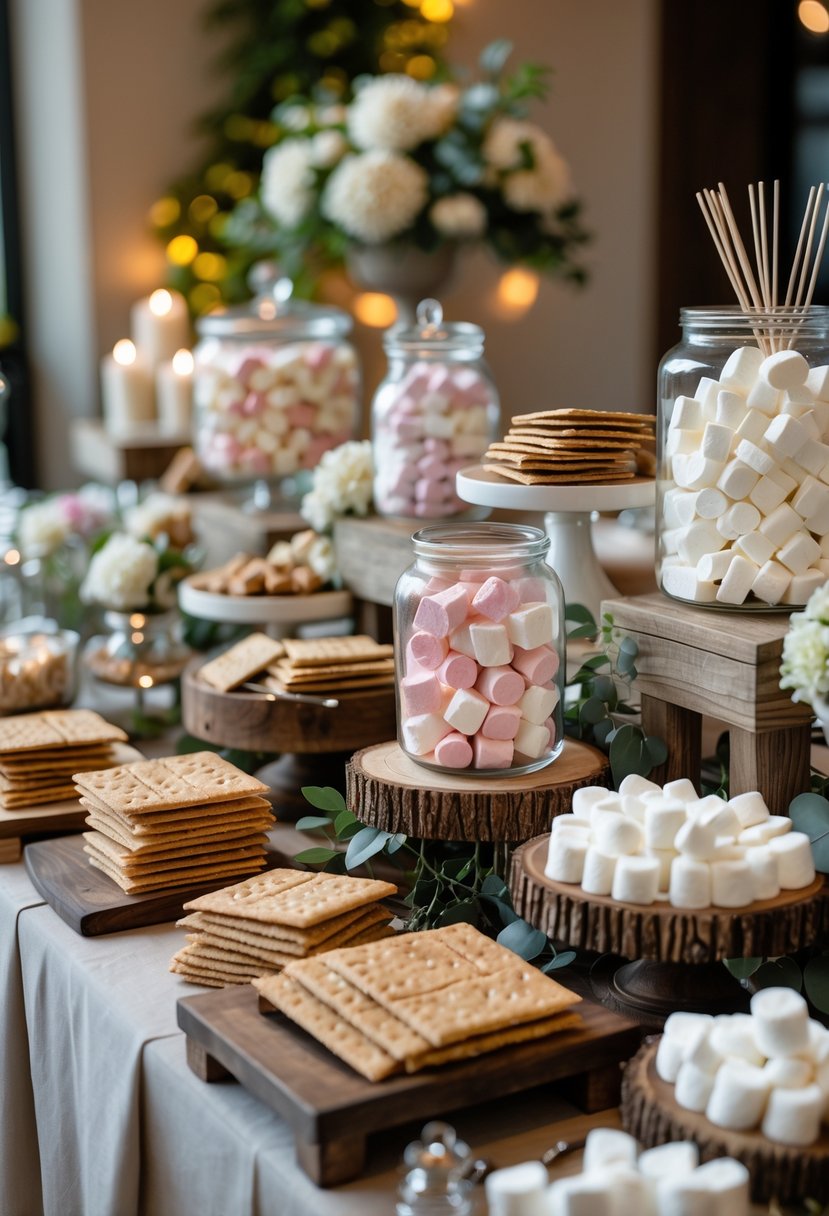 A wedding dessert table featuring a DIY s’mores bar with colorful gourmet marshmallows, graham crackers, chocolate pieces, and skewers arranged with floral decorations.
