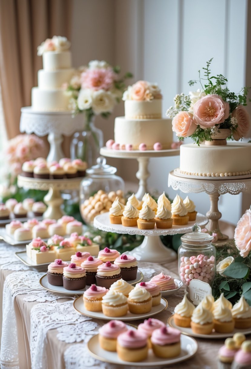A wedding dessert table with various desserts displayed on lace-covered table, decorated with flowers and vintage-style cake stands.