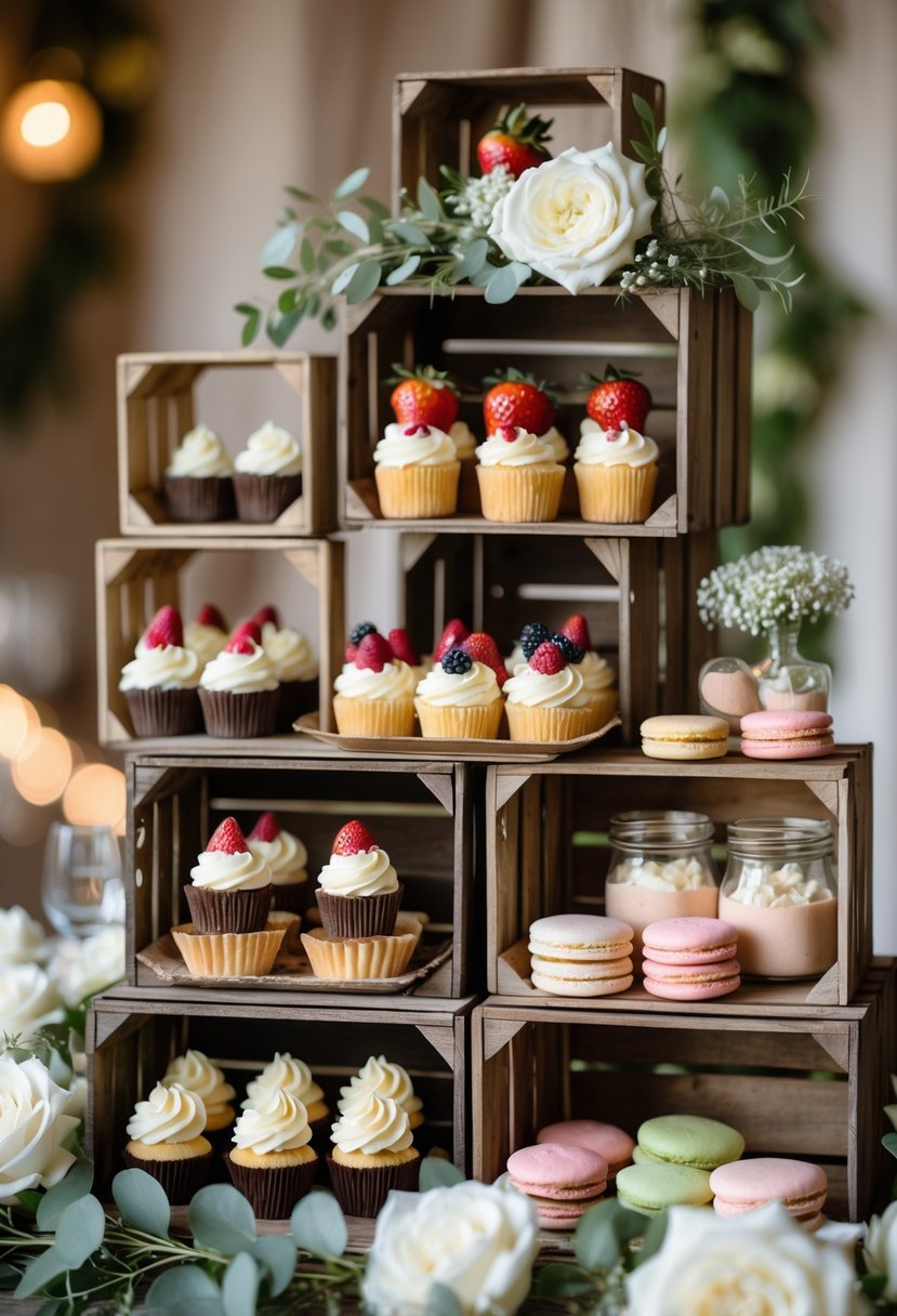 A wedding dessert table with rustic wooden crates stacked to display a variety of colorful desserts including cupcakes, tarts, and macarons, decorated with greenery and flowers.