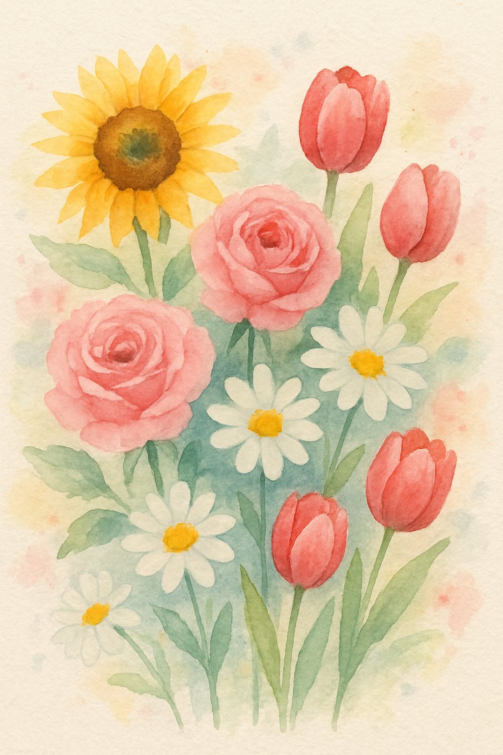 A colorful arrangement of various blooming flowers including roses, daisies, tulips, and sunflowers.
