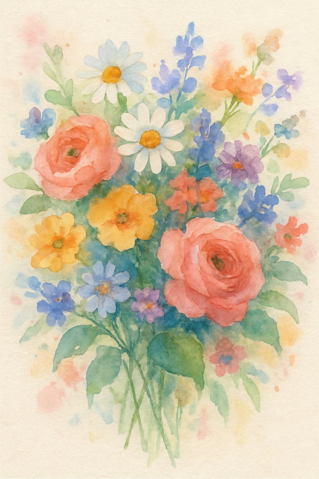 A colorful bouquet of different flowers with green leaves arranged together.