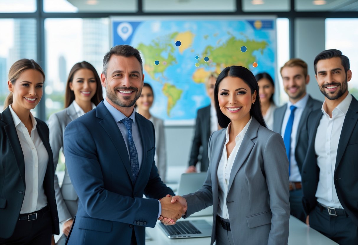 A group of professionals shaking hands in an office with a world map and laptops in the background.