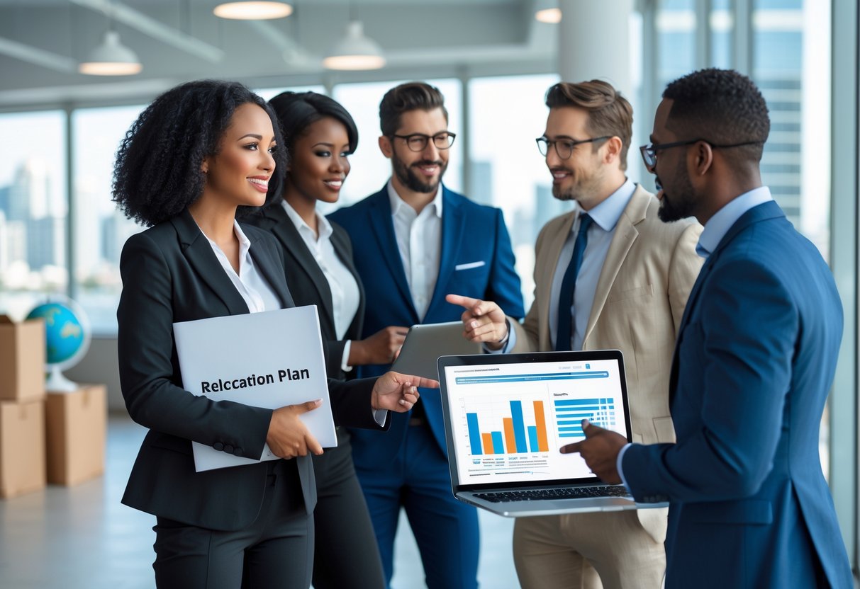 A group of business professionals discussing relocation plans in a modern office with large windows and city views.
