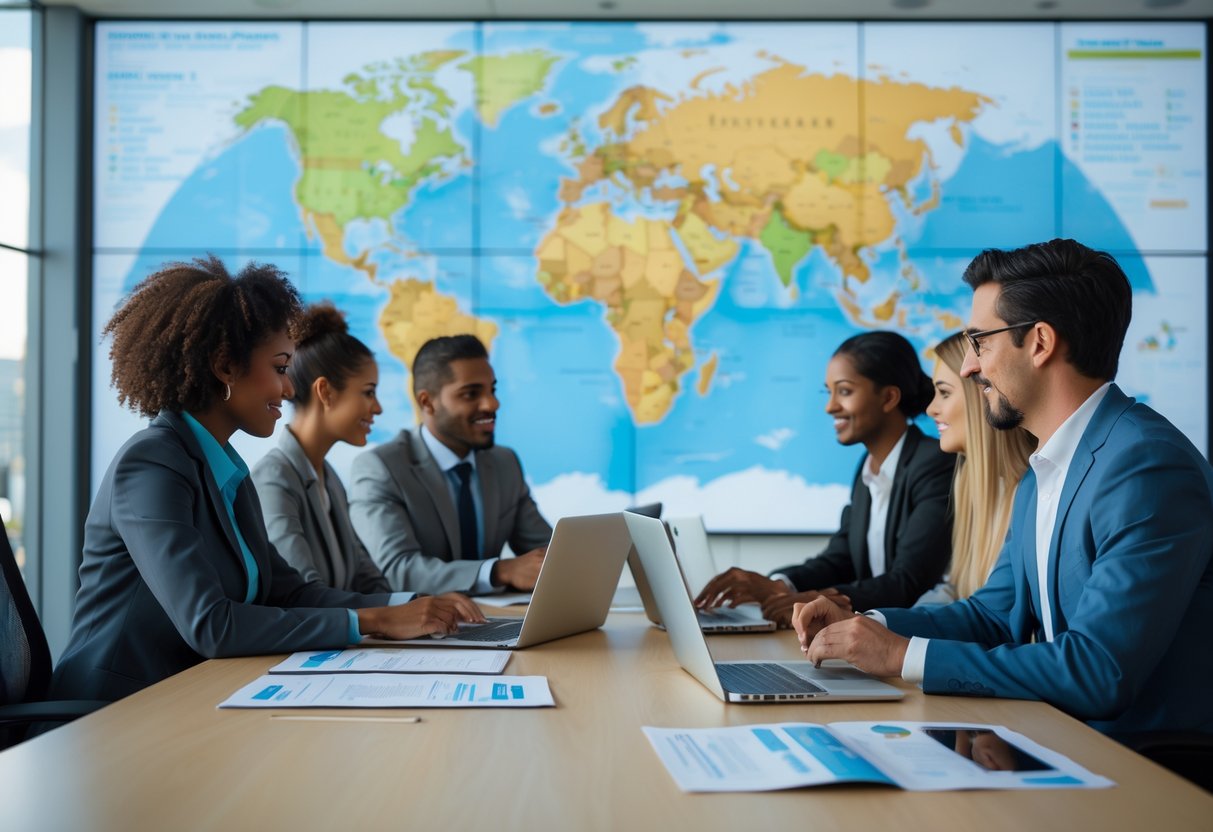 A group of professionals meeting around a table with laptops and documents in a bright office with a world map in the background.