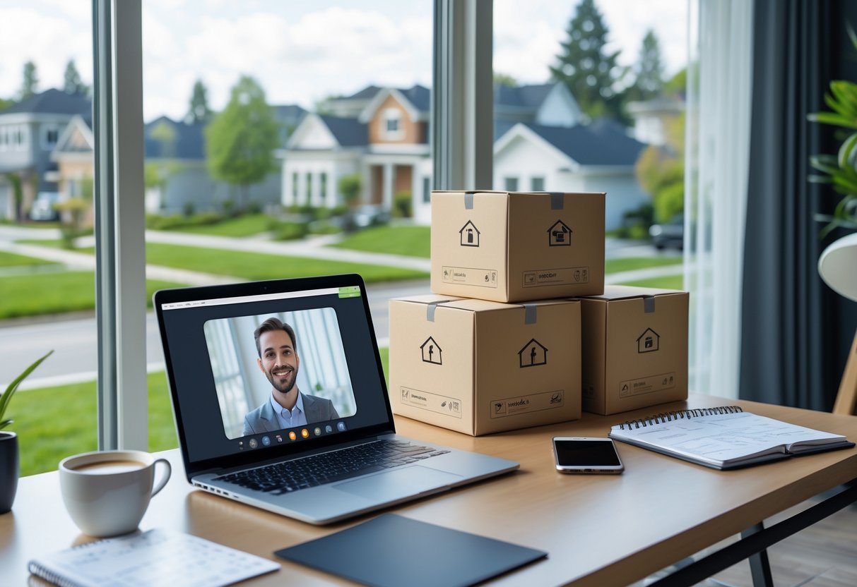 A modern home office with a laptop, moving boxes, a planner, and a smartphone, overlooking a suburban neighborhood through a large window.