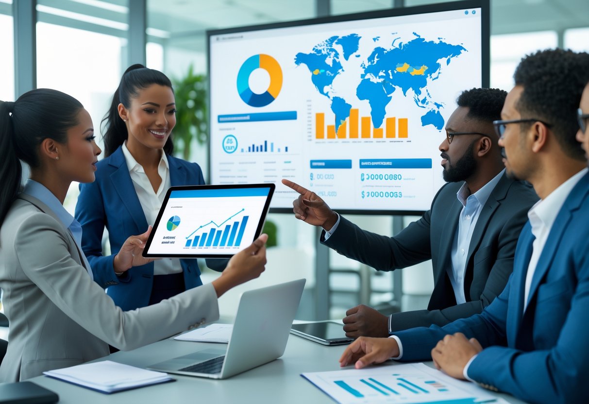 A group of business professionals discussing relocation and salary data in a modern office.