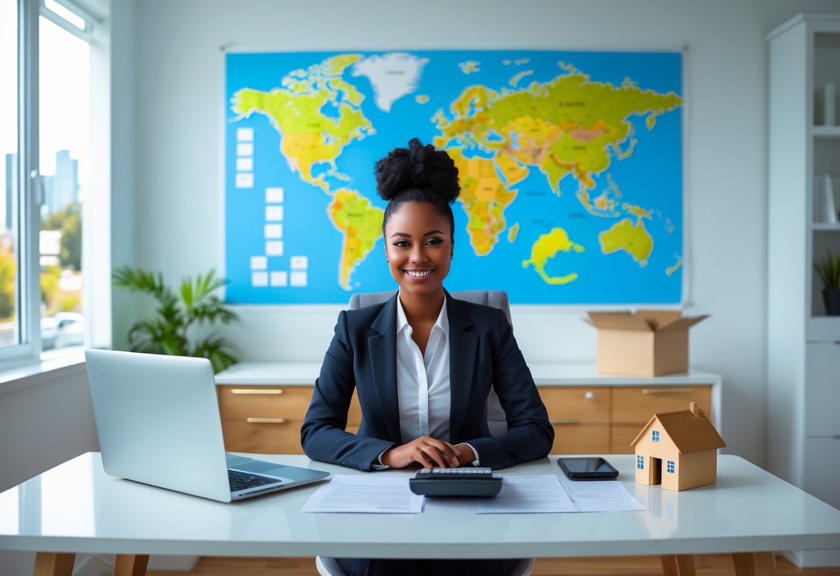 A business professional working at a home office desk with a laptop, paperwork, a globe, and moving boxes, symbolizing relocation for remote jobs.
