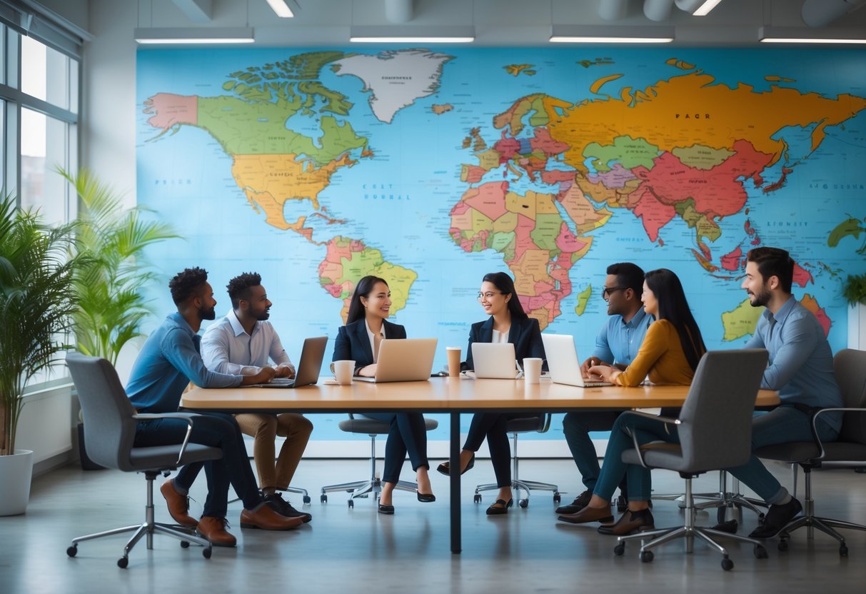 A diverse group of young professionals collaborating around a table in a modern office with a world map on the wall behind them.