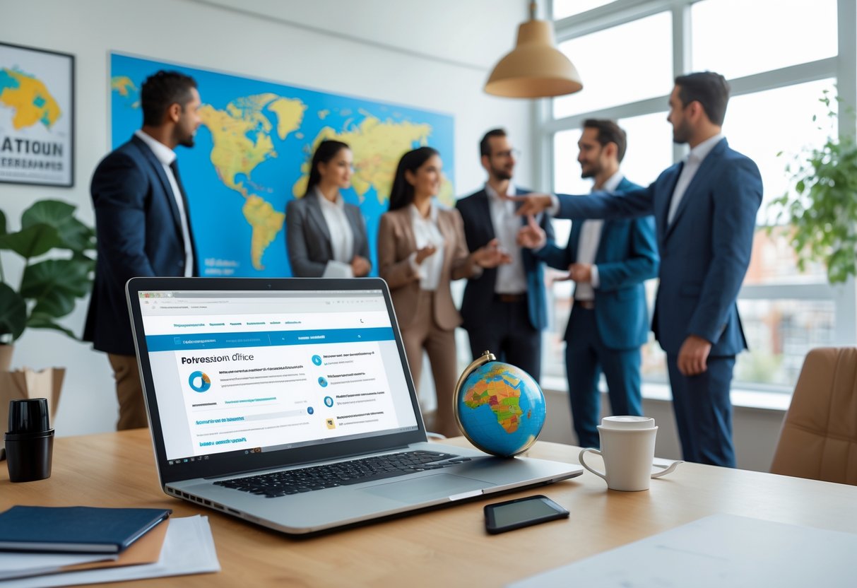 A modern home office with a laptop, miniature globe, and suitcase on the desk, while a group of people discusses a wall map showing different cities.