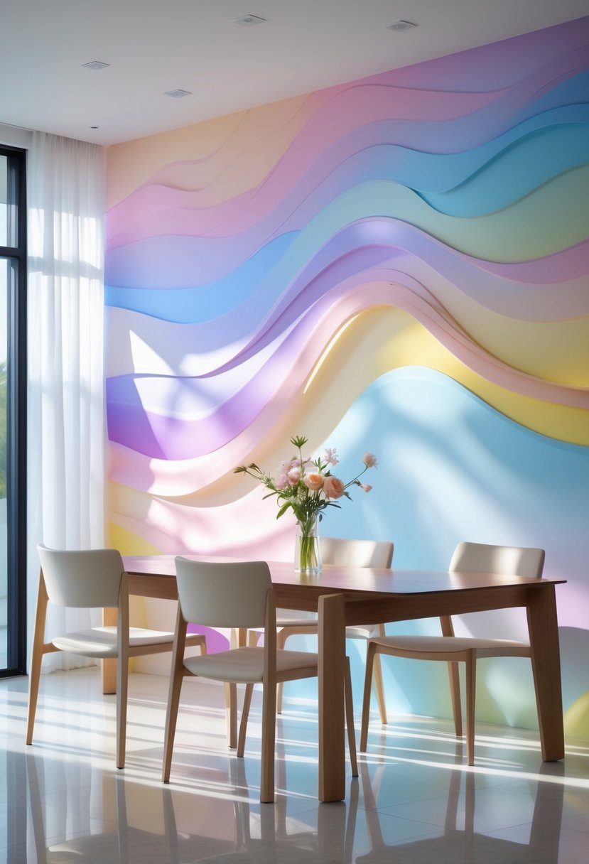 Dining Room Accent Wall in a Surreal-Style: 22 Creative Ideas for Bold Interiors 3 A modern dining room with a wooden table, minimalist chairs, and a large colorful gradient accent wall.