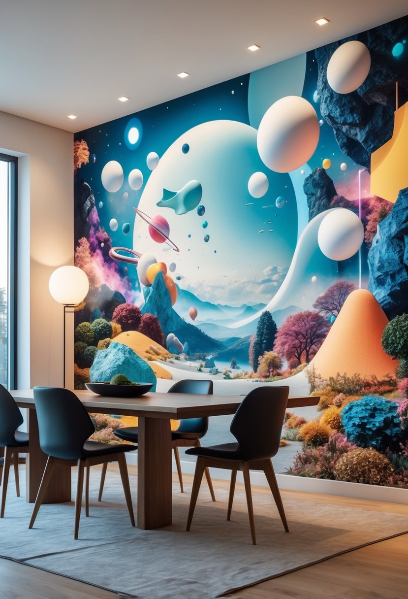 Dining Room Accent Wall in a Surreal-Style: 22 Creative Ideas for Bold Interiors 6 A dining room with a wooden table, modern chairs, and a large colorful wall mural on the accent wall.