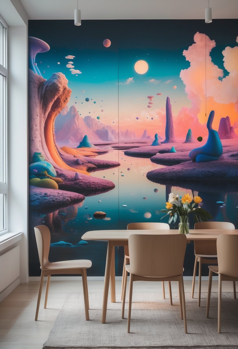Dining Room Accent Wall in a Surreal-Style: 22 Creative Ideas for Bold Interiors 8 A dining room with a wooden table and chairs, featuring a large wall covered in colorful landscape paintings.