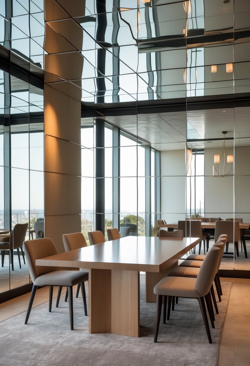 Dining Room Accent Wall in a Surreal-Style: 22 Creative Ideas for Bold Interiors 9 A dining room with a wooden table and chairs in front of a large wall covered with mirrored panels reflecting the room.