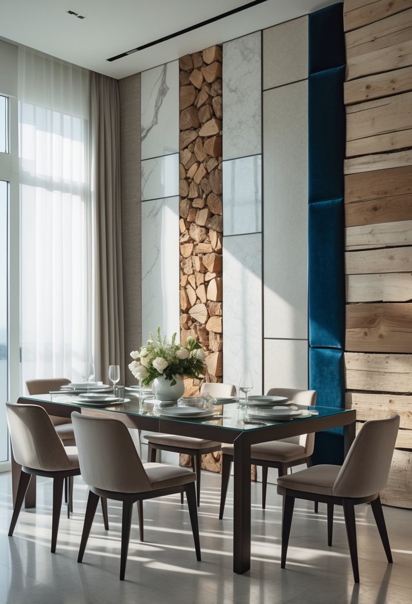 Dining Room Accent Wall in a Surreal-Style: 22 Creative Ideas for Bold Interiors 10 A modern dining room with a unique textured accent wall combining marble, wood, and fabric, a dark wood dining table with glass top, and contemporary chairs under natural light.