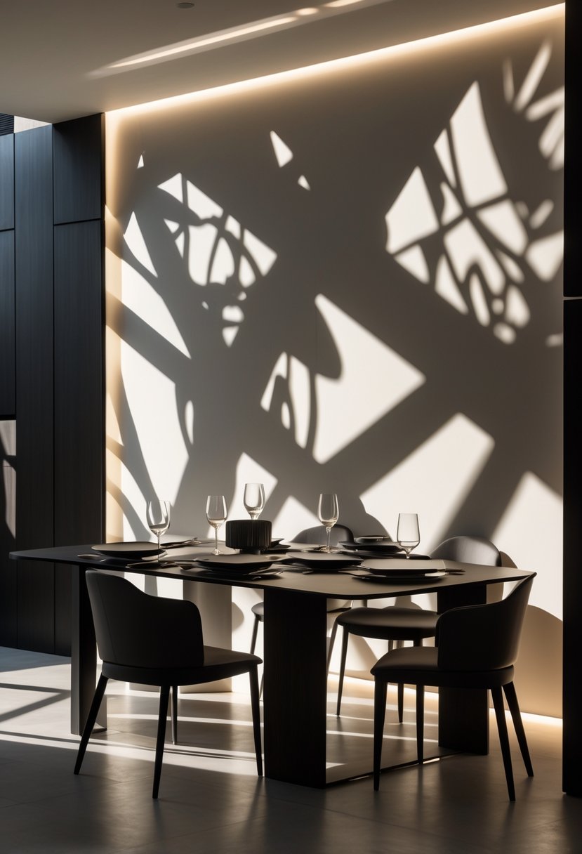 Dining Room Accent Wall in a Surreal-Style: 22 Creative Ideas for Bold Interiors 15 A modern dining room with a table set for a meal and an accent wall featuring artistic shadows created by lighting.